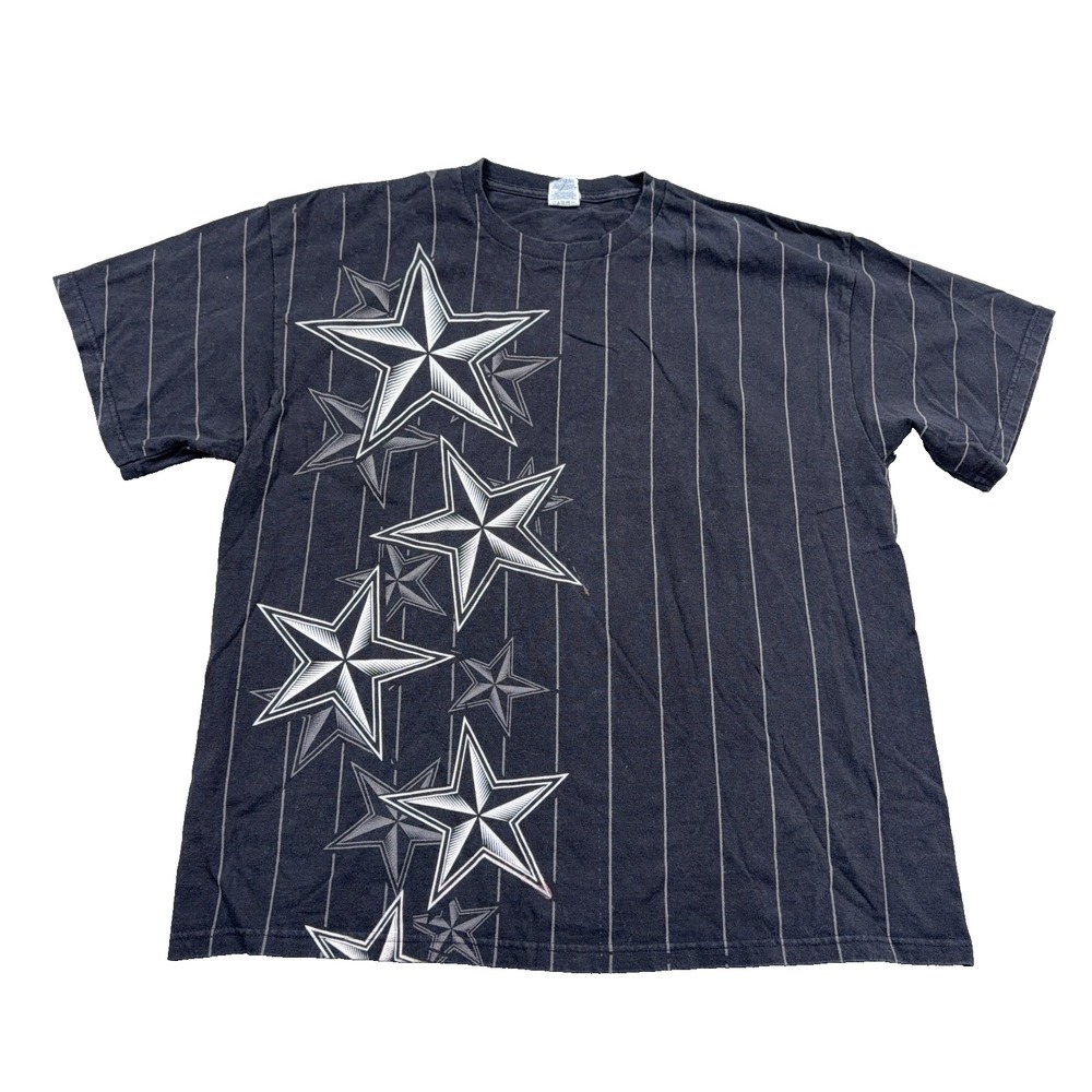 Vintage Y2K Skate Shirt Men XL Black Striped Stars Tattoo Punk Goth